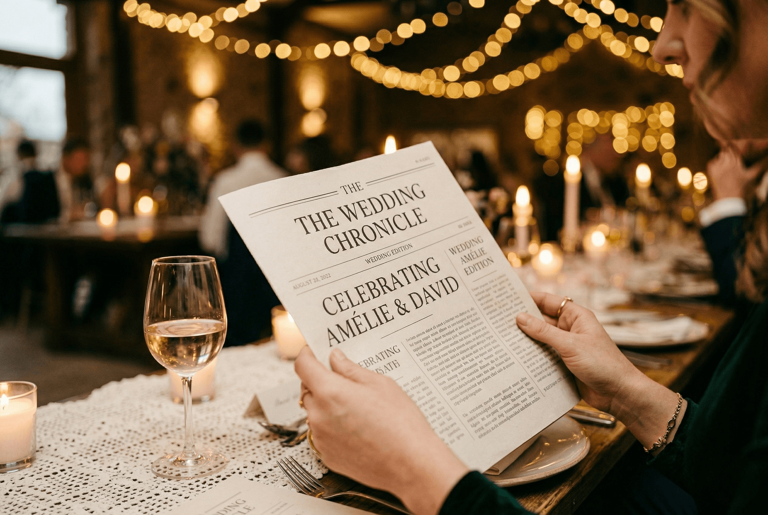 Le journal des mariés personnalisé posé sur une table de réception élégante
