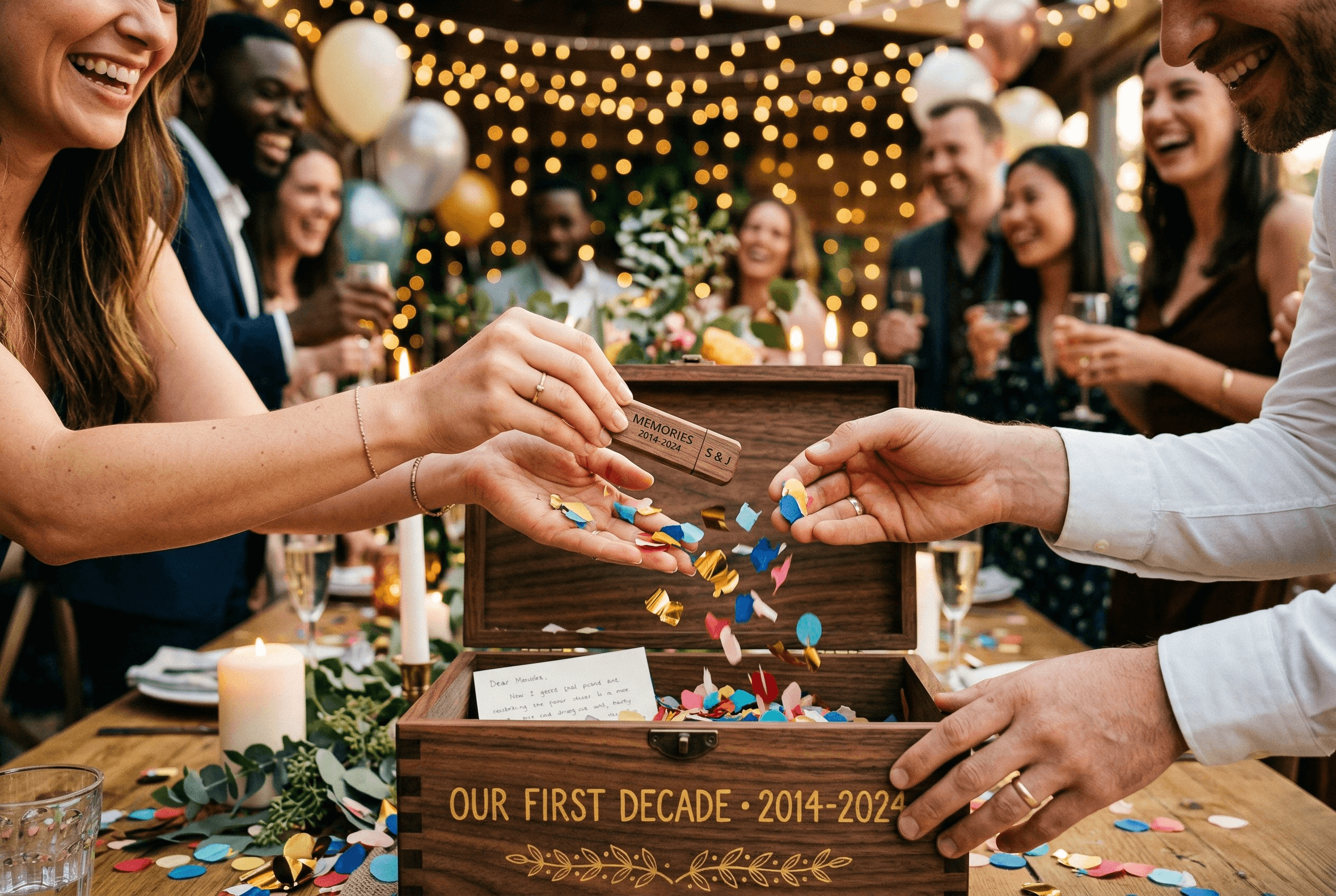 Invités laissant un message pour la capsule temporelle d'anniversaire