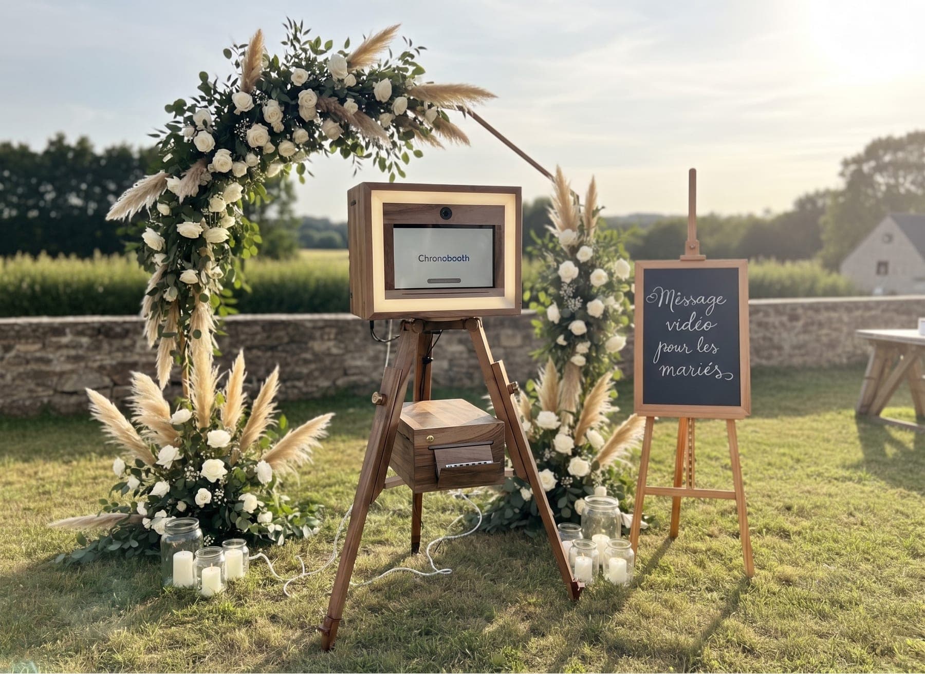 Borne de livre d'or vidéo Chronobooth installée en extérieur sous une arche fleurie, à côté d'un tableau noir « Message vidéo pour les mariés »