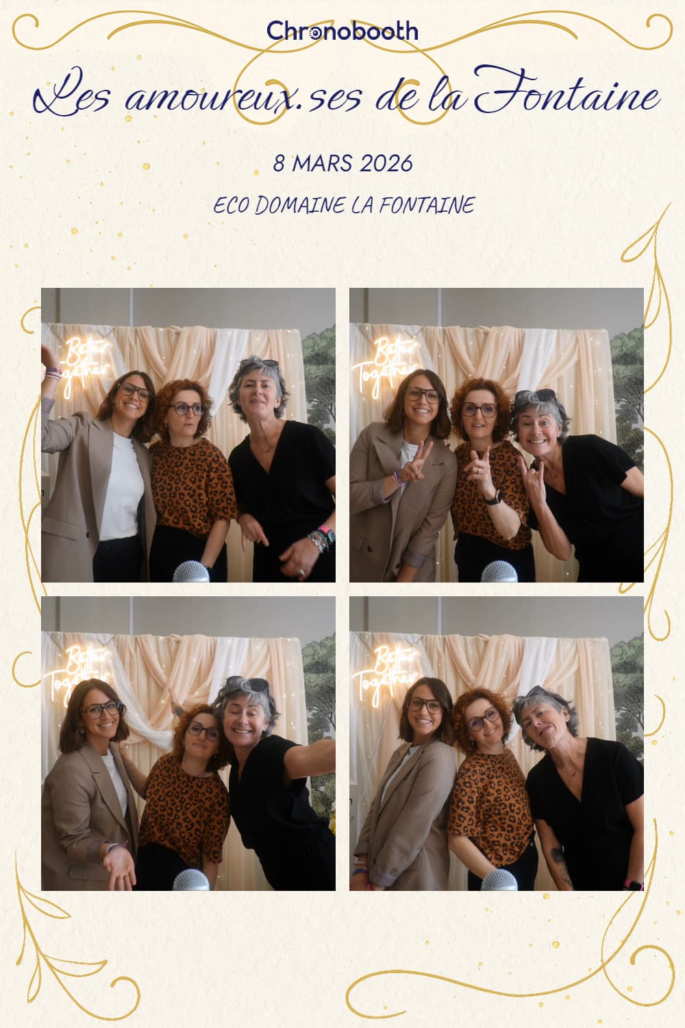 Tirage photobooth en grille de quatre photos : trois invitées complices