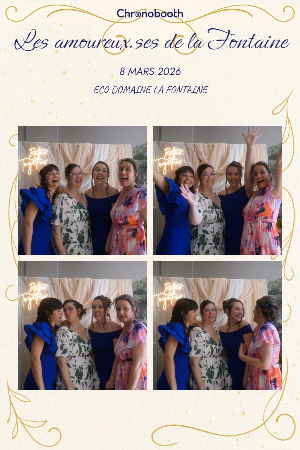 Tirage photobooth en grille de quatre photos : quatre invitées qui éclatent de rire