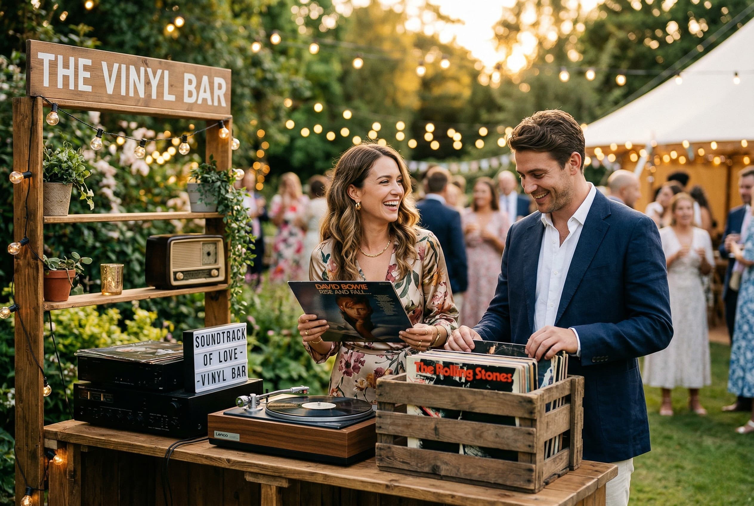 Bar à vinyles ambiance vintage avec bacs de disques pour cocktail de mariage
